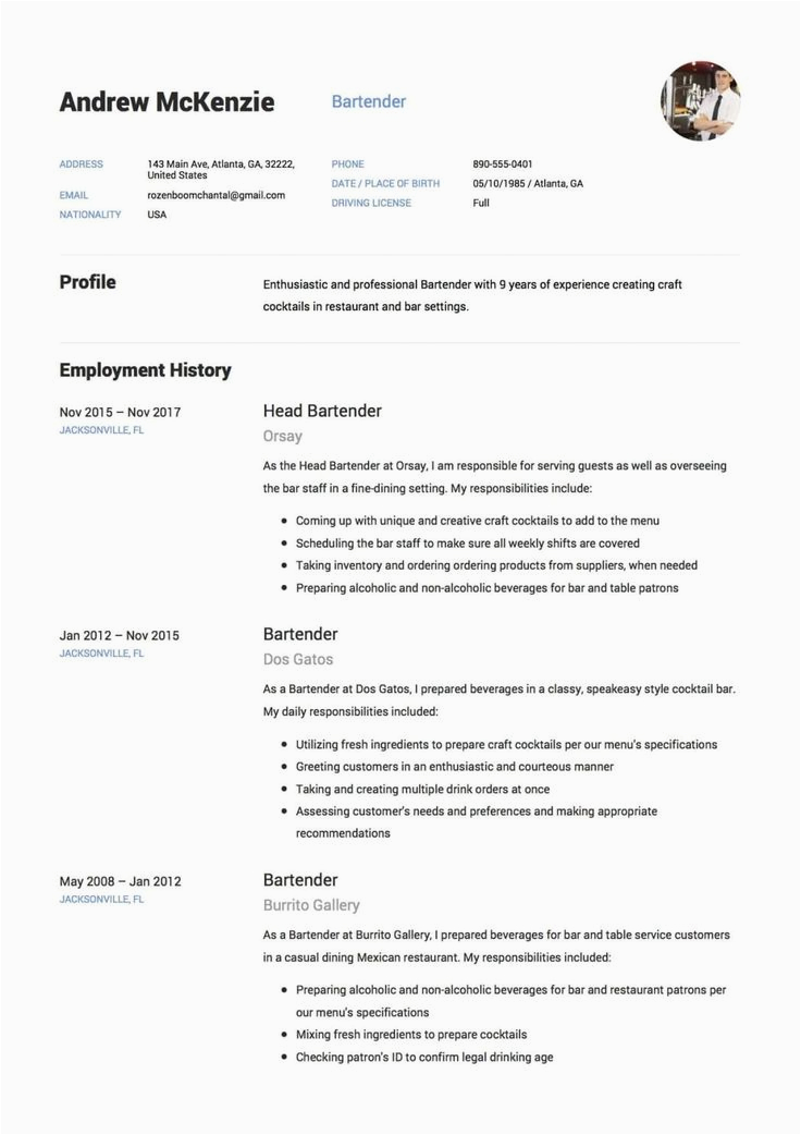 Sample Bartending Resume with No Experience Bartender Resume No Experience Inspirational Bartender 12 Samples 2019