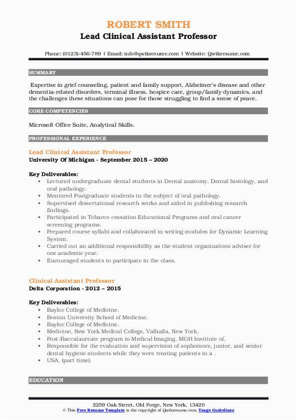 Sample Career Objective for assistant Professor Resume Clinical assistant Professor Resume Samples