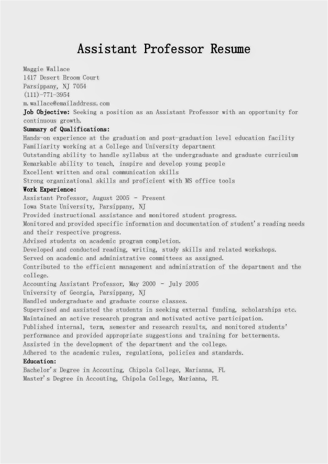 Sample Career Objective for assistant Professor Resume Resume Samples assistant Professor Resume Sample
