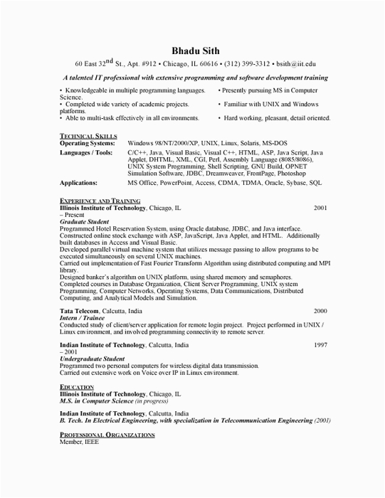 Sample College Graduate Resume In Computer Programming Graduate Student