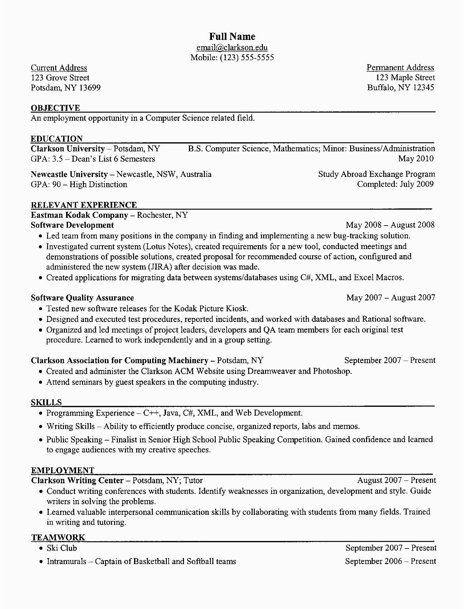 Sample College Graduate Resume In Computer Programming Puter Science Resume Example