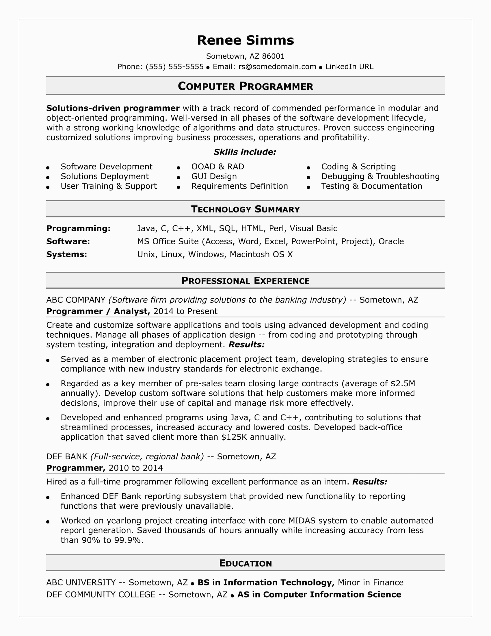 Sample College Graduate Resume In Computer Programming Sample Resume for A Midlevel Puter Programmer