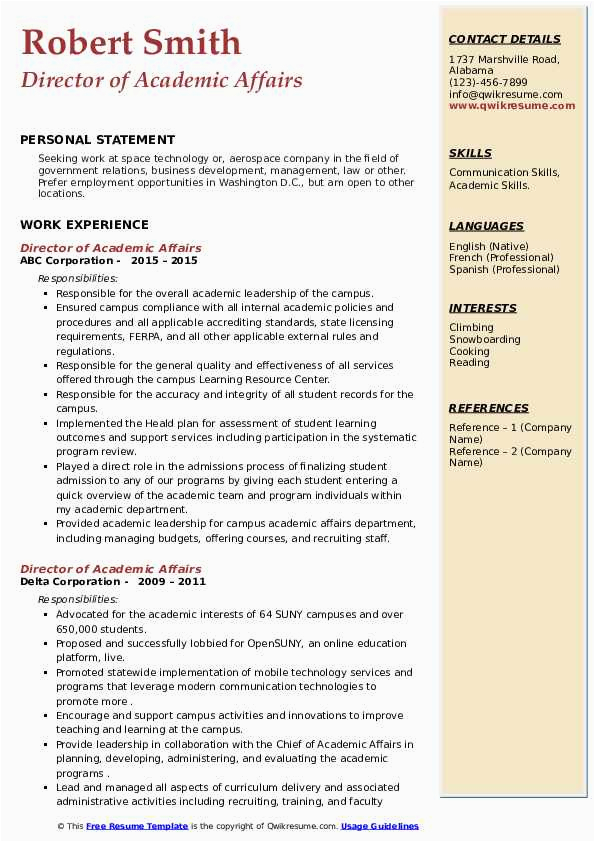 Sample Director Of Student Affairs Resume Director Of Academic Affairs Resume Samples