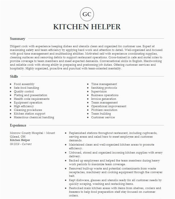 Sample for A Resume for Kitchen Help Kitchen Helper Resume Example Lok Senior Health Service north