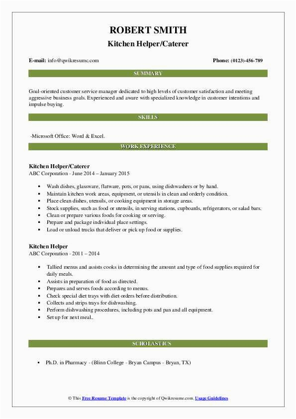 Sample for A Resume for Kitchen Help Kitchen Helper Resume Samples