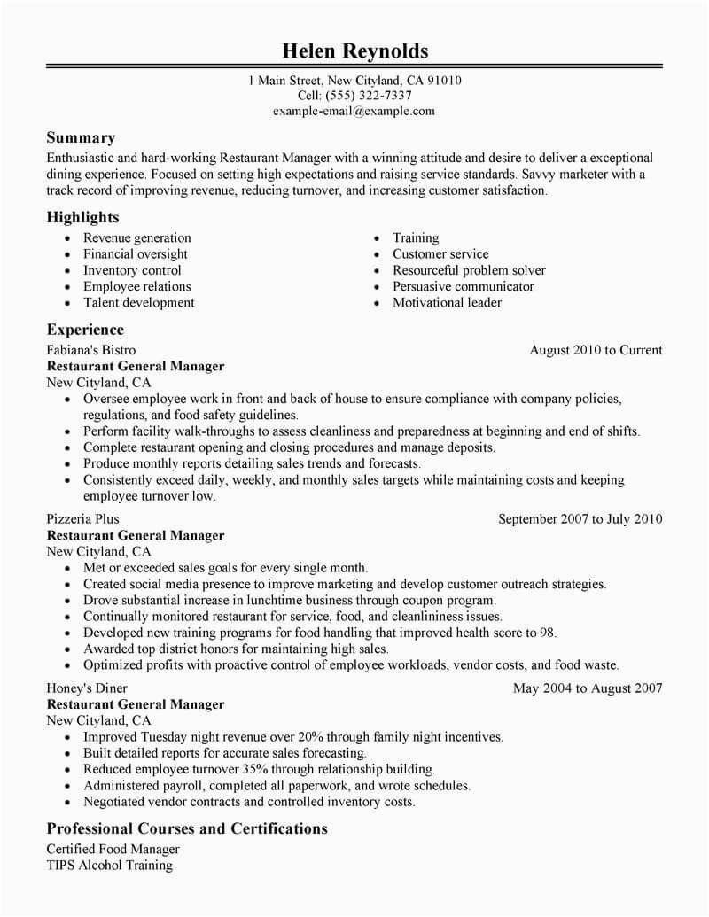 Sample for Resume Whem Applying for Restaurant Best Restaurant Manager Resume Example From Professional Resume Writing