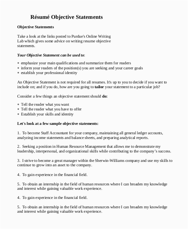 Sample Objective Statement for Accounting Resume Free 7 Sample Objectives for Resume Templates In Pdf