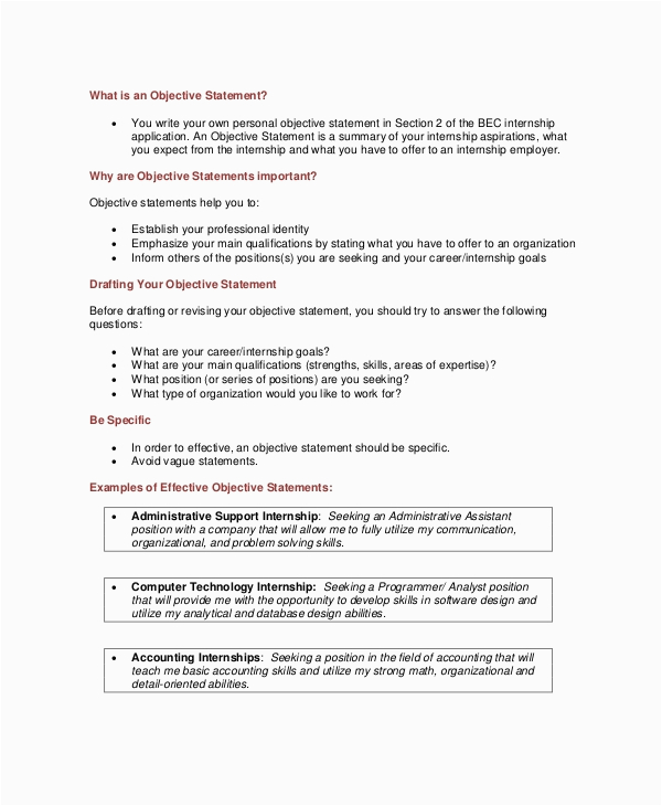 Sample Objective Statement for Internship Resume Free 7 Resume Career Objective Templates In Pdf