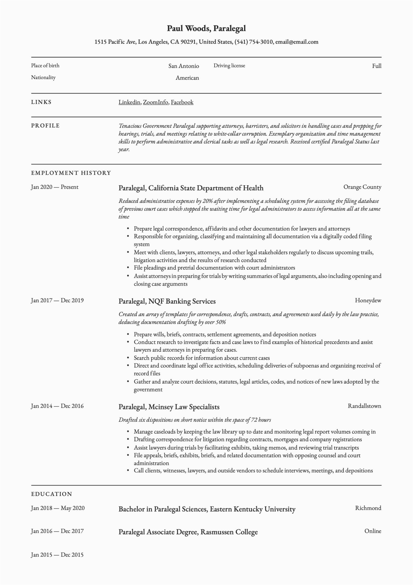 Sample Objective Statement for Paralegal Resume 19 Paralegal Resume Examples & Guide Pdf 2020