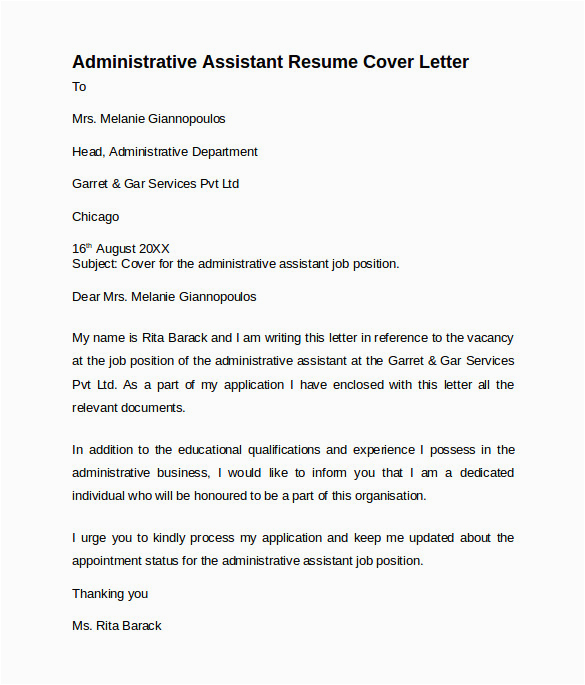 Sample Of Cover Letter for Resume for Administrative assistant Free 9 Administrative assistant Cover Letters In Ms Word