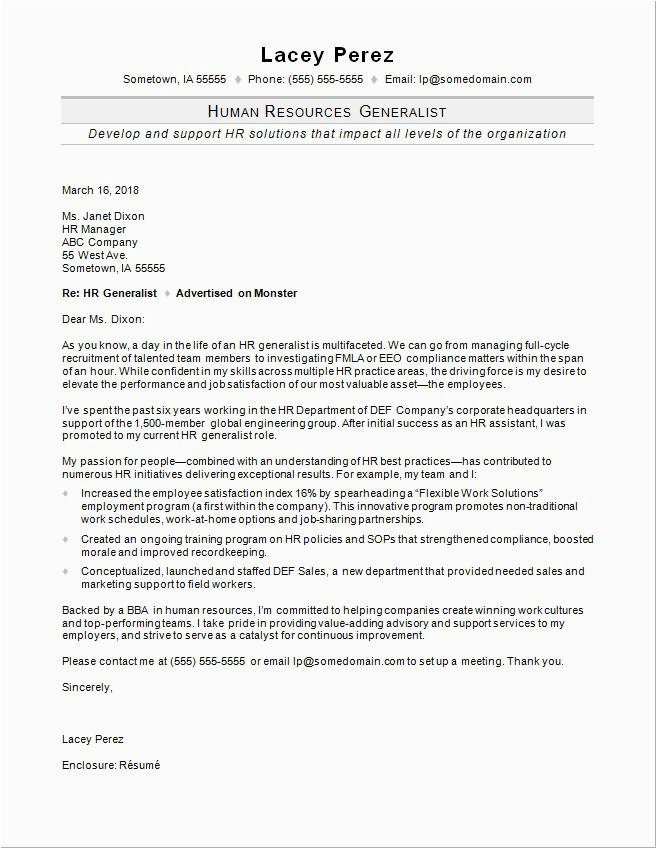 Sample Of Cover Letter for Resume for Human Resource Specialist Cover Letter Human Resources Generalist Sample Free Hr Generalist