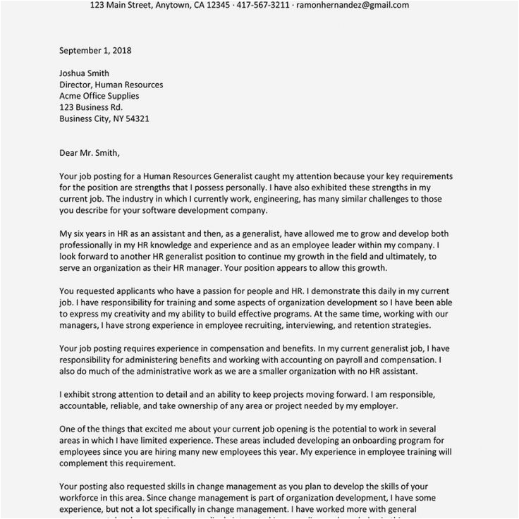 Sample Of Cover Letter for Resume for Human Resource Specialist Sample Cover Letter to Human Resources Department
