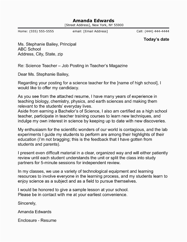 Sample Of Cover Letter for Resume for Teacher High School Teacher Cover Letter Sample