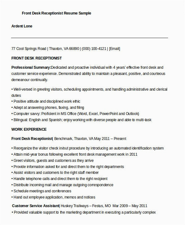 Sample Of Resume for Front Desk Receptionist 10 Receptionist Resume Templates Pdf Doc