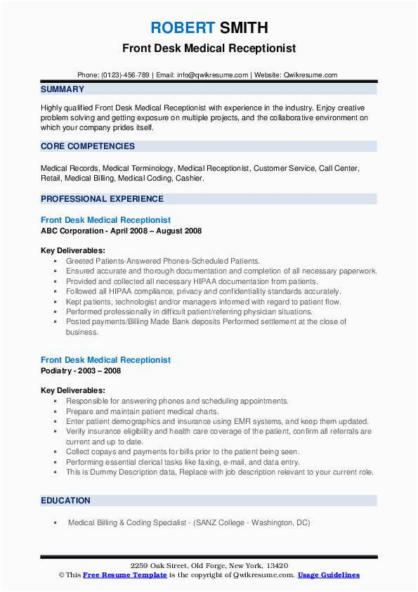 Sample Of Resume for Front Desk Receptionist Front Desk Medical Receptionist Resume Samples