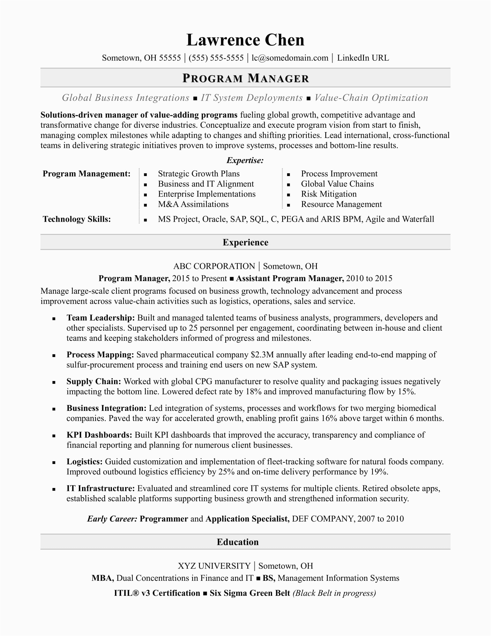 Sample Professional Resume It Manager Position Program Manager Resume