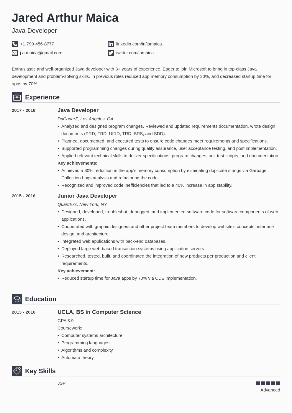 Sample Professional Resume Objective for Java Developer Java Developer Resume Sample Mid Level to Senior