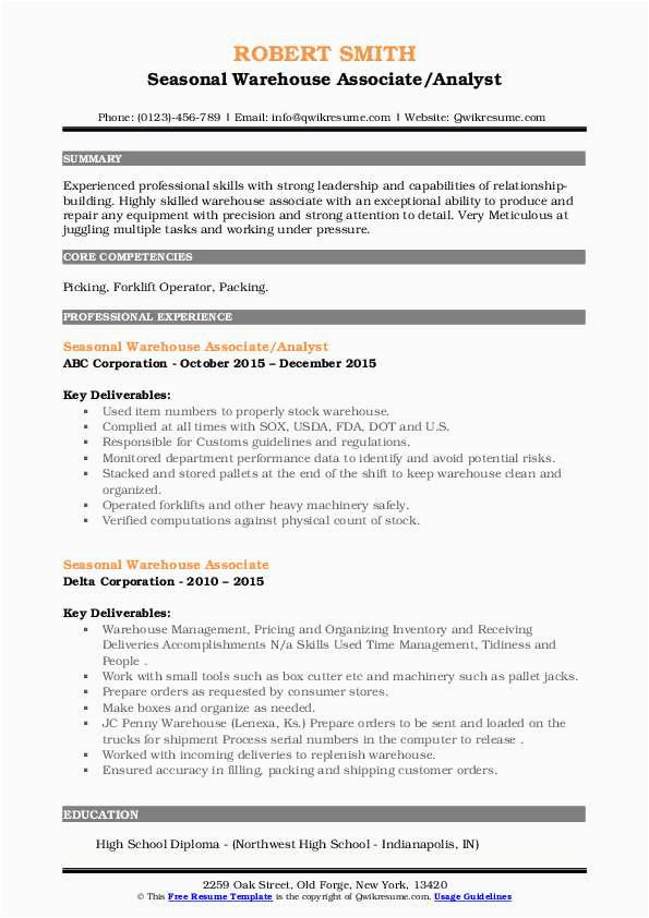 Sample Professional Summary for Resume for Warehouse associate Seasonal Warehouse associate Resume Samples