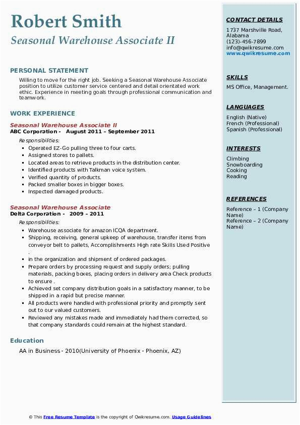 Sample Professional Summary for Resume for Warehouse associate Seasonal Warehouse associate Resume Samples