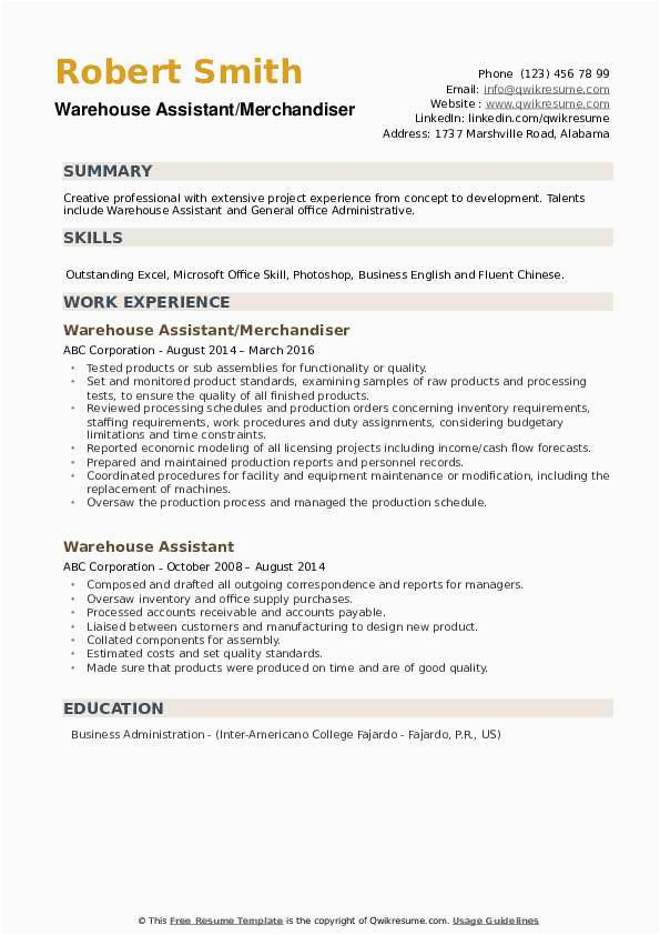 Sample Professional Summary for Resume for Warehouse associate Warehouse assistant Resume Samples