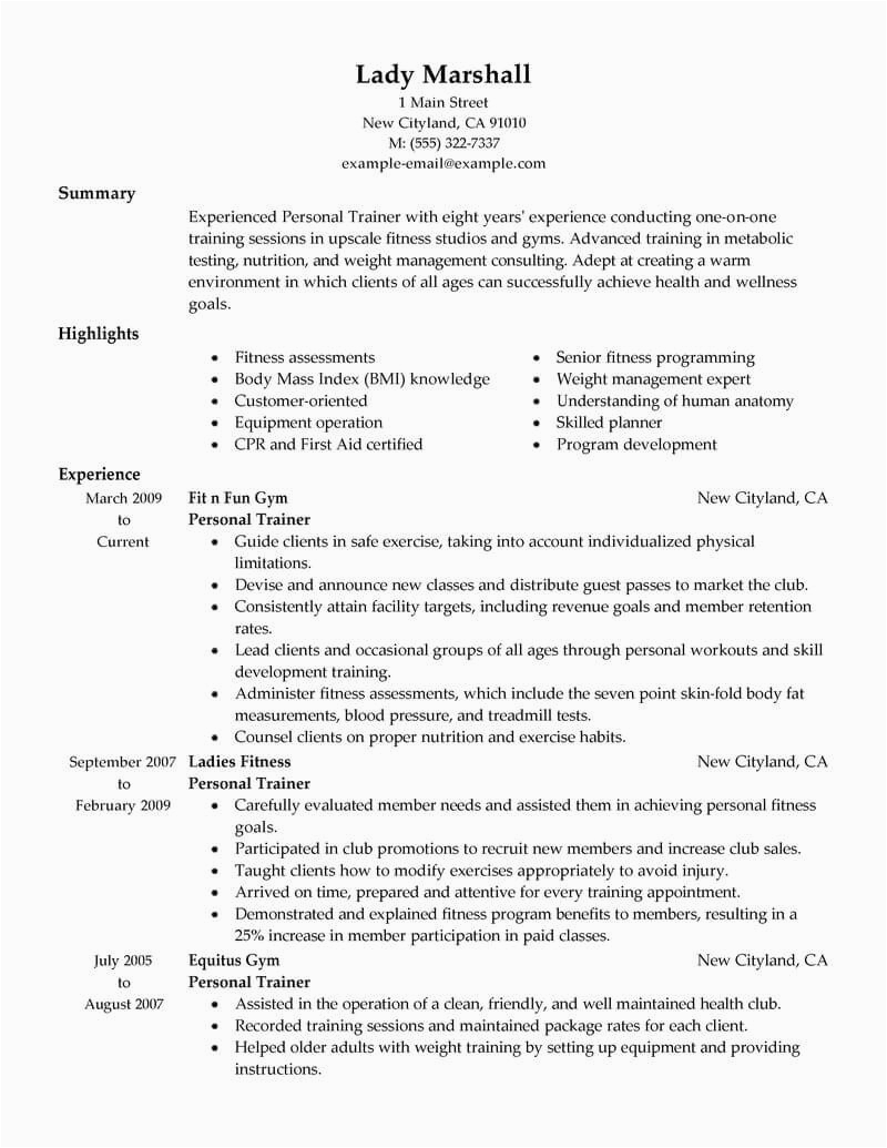 Sample Professional Summary for Resume Personal Trainer Best Personal Trainer Resume Example From Professional Resume Writing
