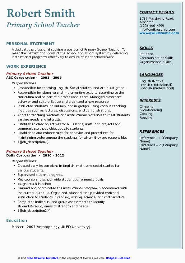 Sample Professional Summary On Resume for Teachers Primary School Teacher Resume Samples