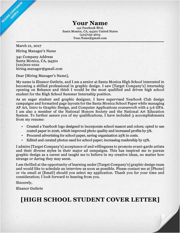 Sample Resume Cover Letter for High School Students High School Student Cover Letter Sample & Guide