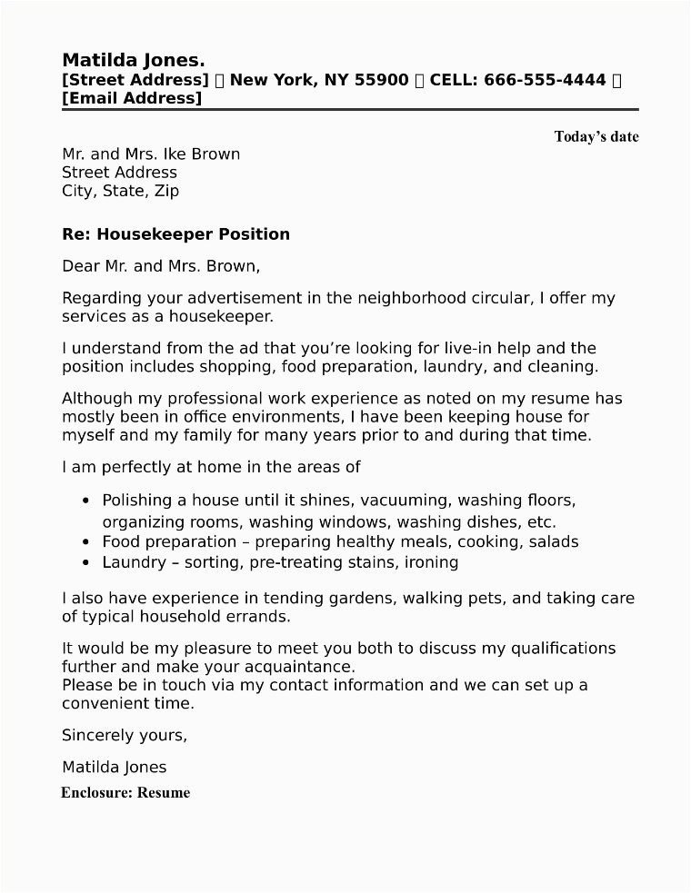 Sample Resume Cover Letter for Housekeeping Housekeeper Cover Letter Sample