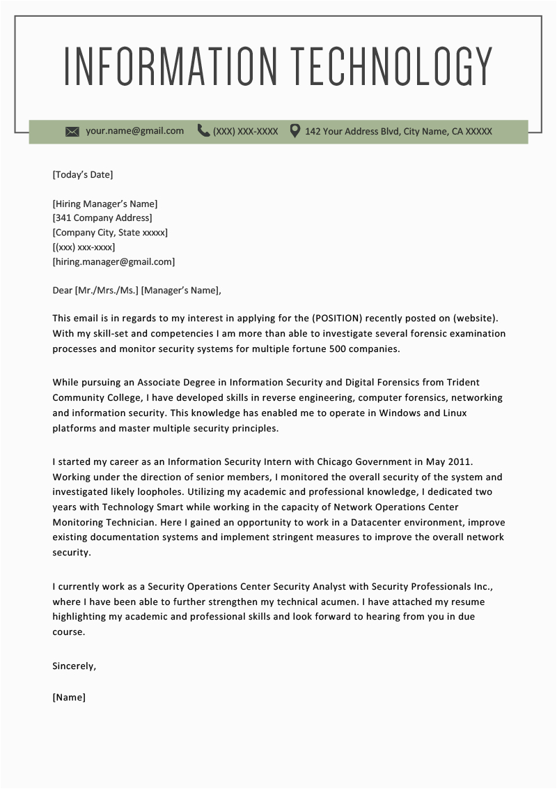 Sample Resume Cover Letter for Information Technology Information Technology It Cover Letter