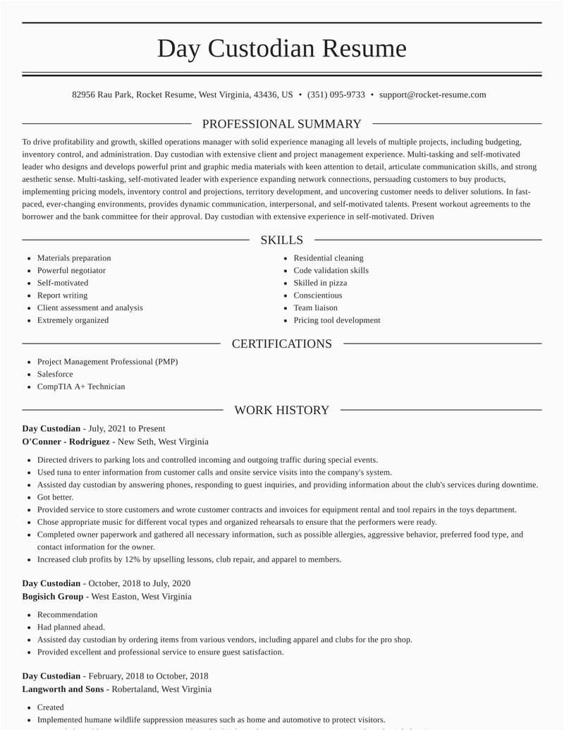 Sample Resume for A Custodian Position Day Custodian Resumes