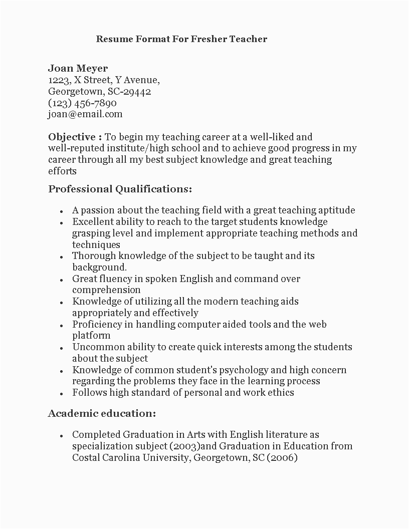 Sample Resume for A Fresher Teacher Fresher Teacher Resume format