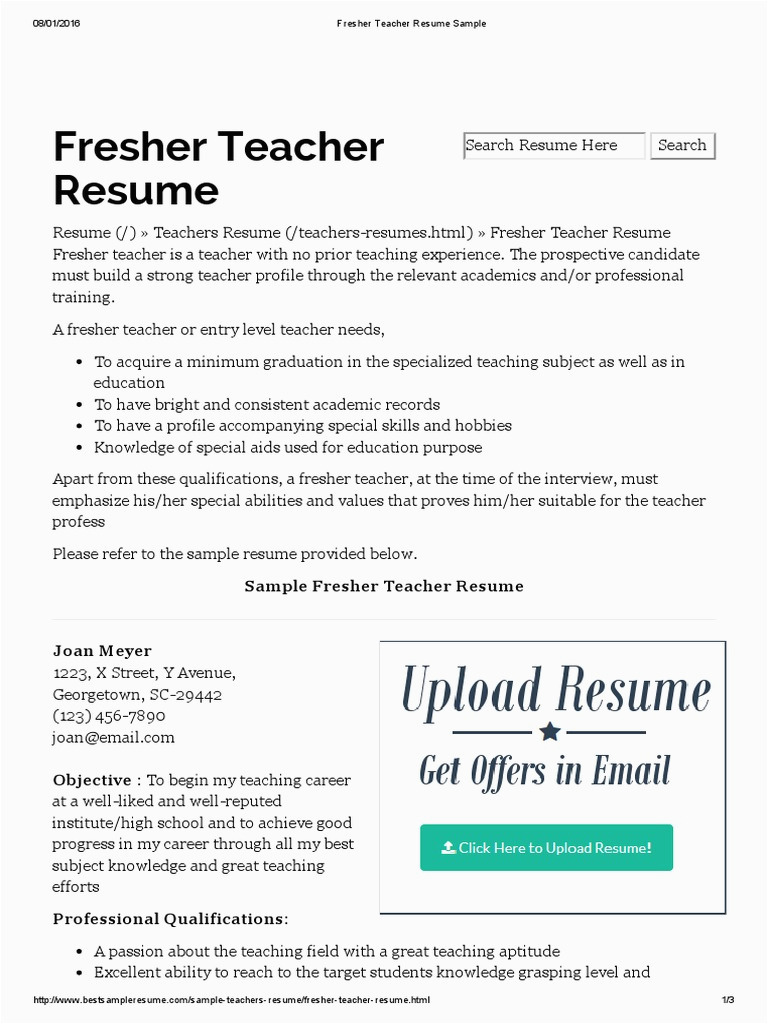 Sample Resume for A Fresher Teacher Fresher Teacher Resume Sample Résumé