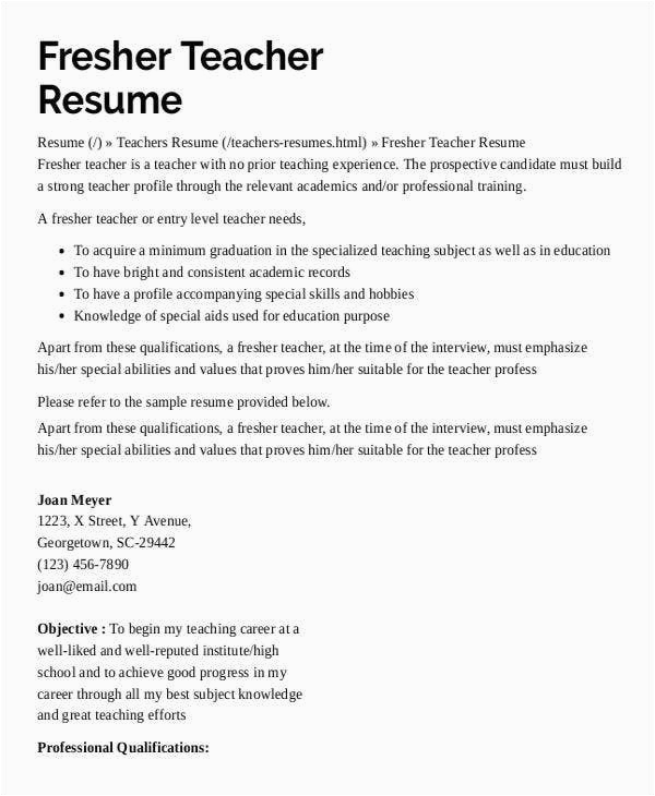 Sample Resume for A Fresher Teacher Resume for Kindergarten Teacher Fresher