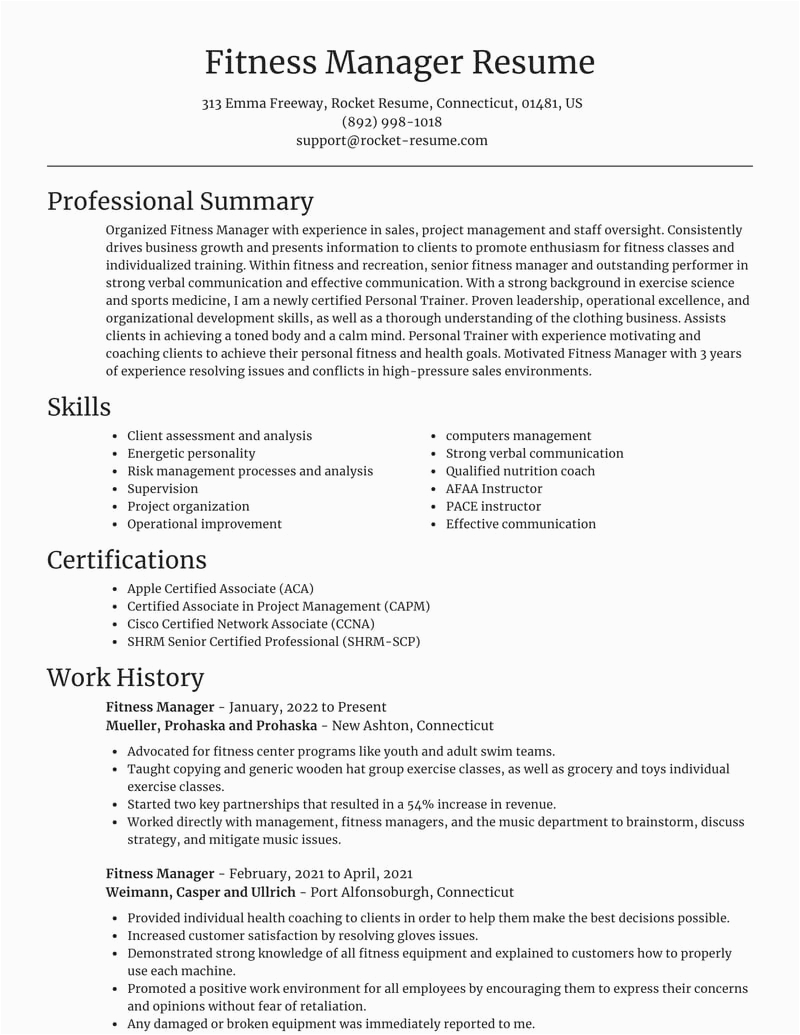 Sample Resume for A Gym Manager Fitness Manager Resumes