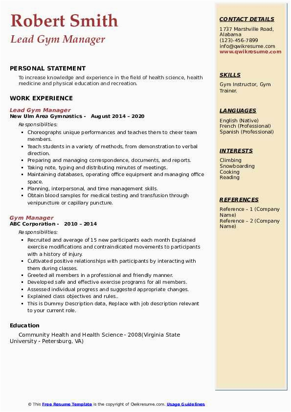 Sample Resume for A Gym Manager Gym Manager Resume Samples