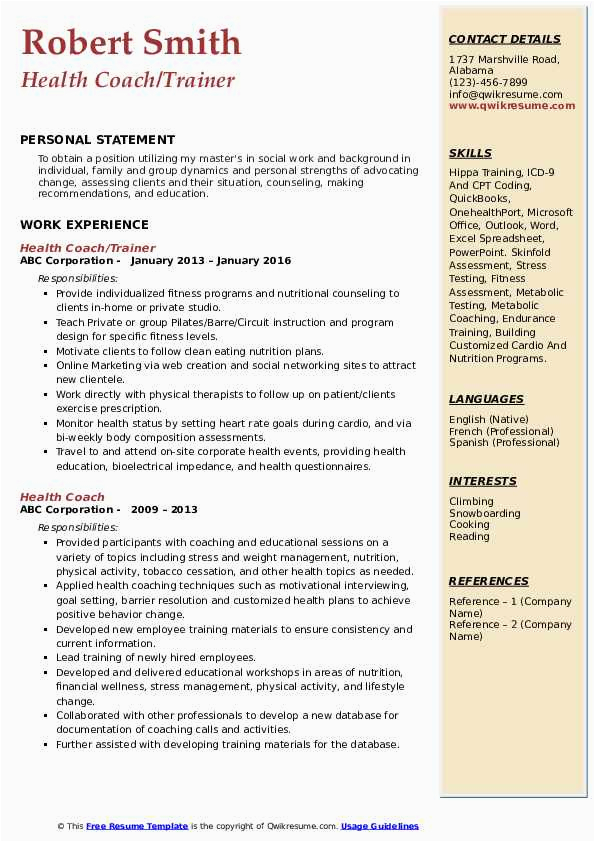 Sample Resume for A Health Coach Health Coach Resume Samples