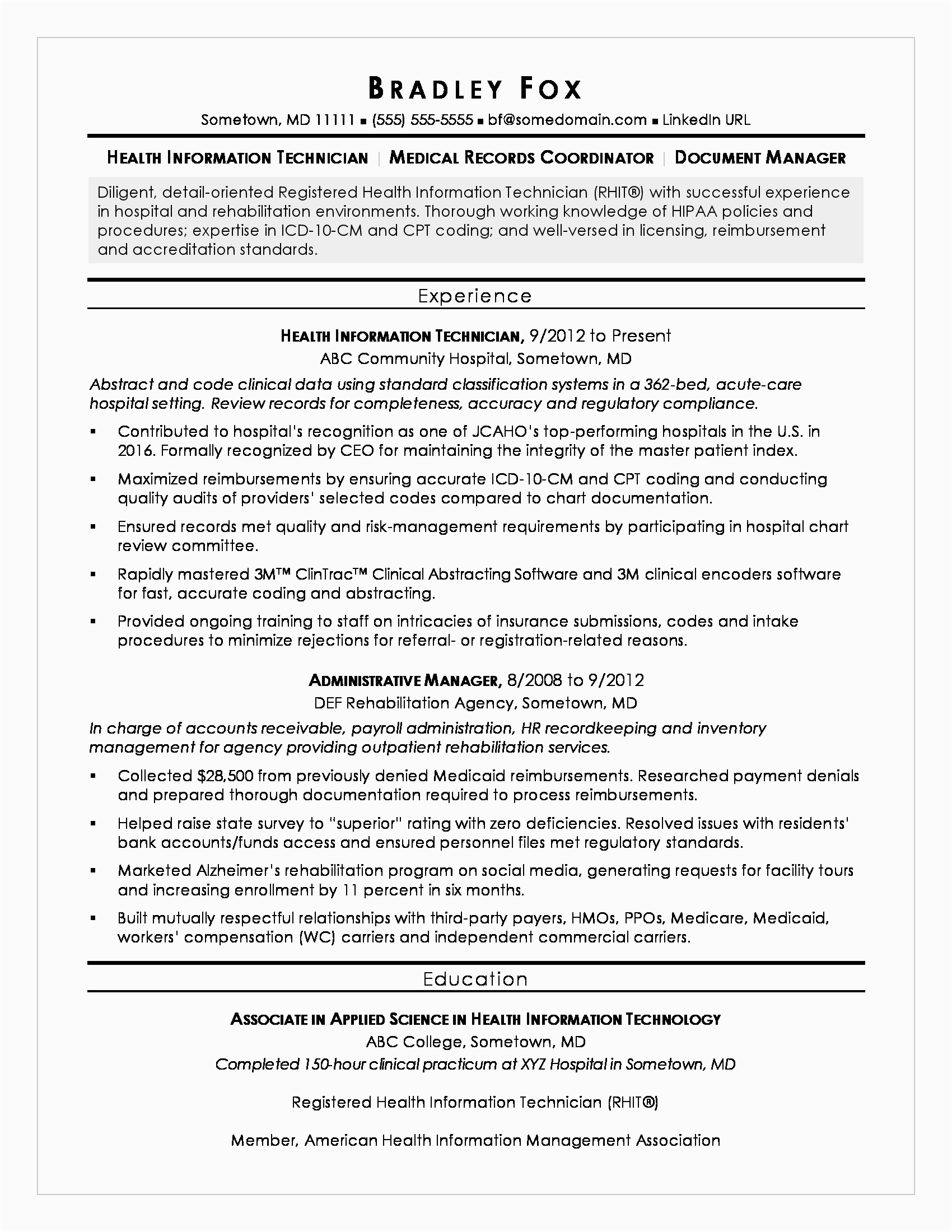 Sample Resume for A Healthcare It Professional Health Information Technician Sample Resume