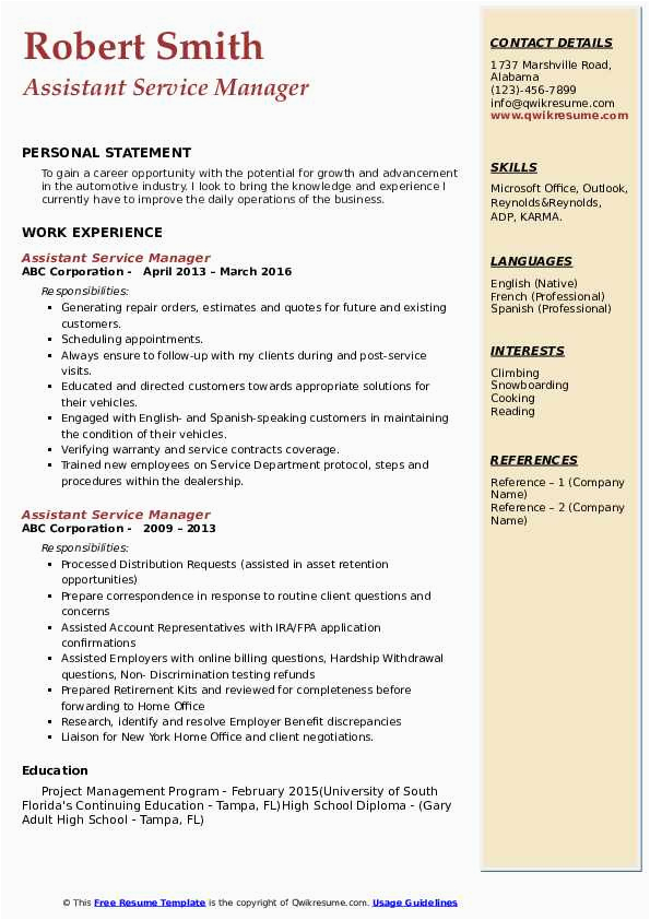 Sample Resume for assistant Service Manager assistant Service Manager Resume Samples