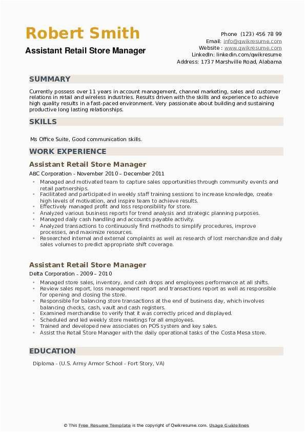 Sample Resume for assistant Store Manager In Retail assistant Retail Store Manager Resume Samples