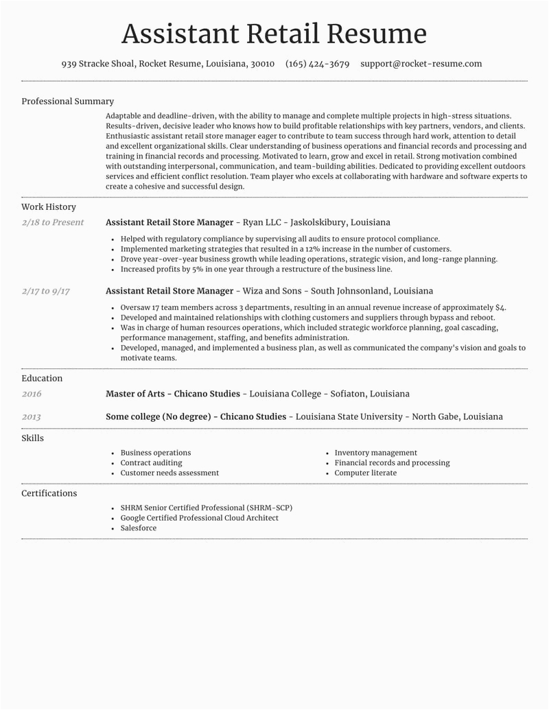 Sample Resume for assistant Store Manager In Retail assistant Retail Store Manager Resumes