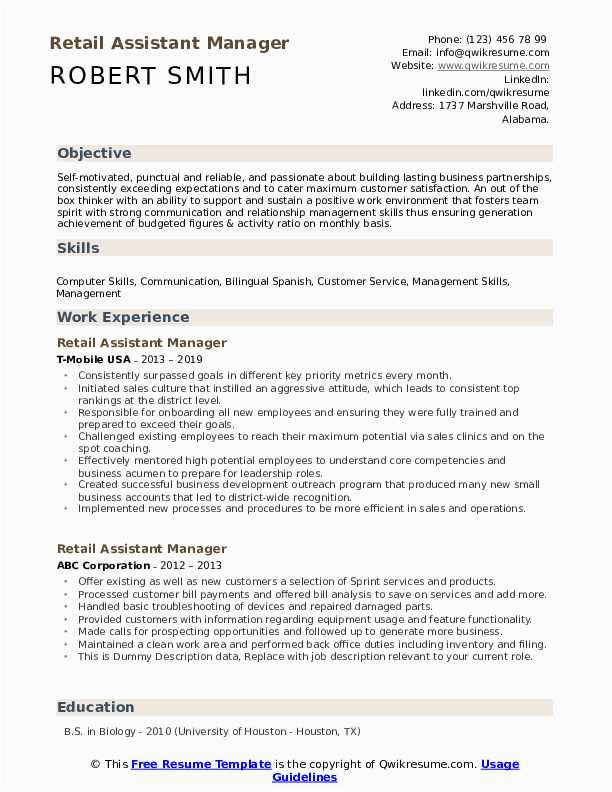 Sample Resume for assistant Store Manager In Retail Retail assistant Manager Resume Samples