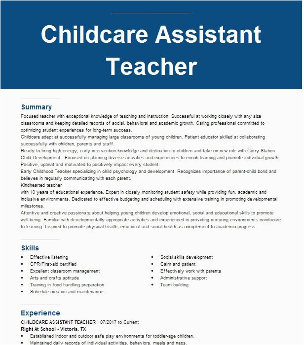 Sample Resume for assistant Teacher In Childcare Center Childcare assistant Teacher Resume Example Catholic Charities St Anne