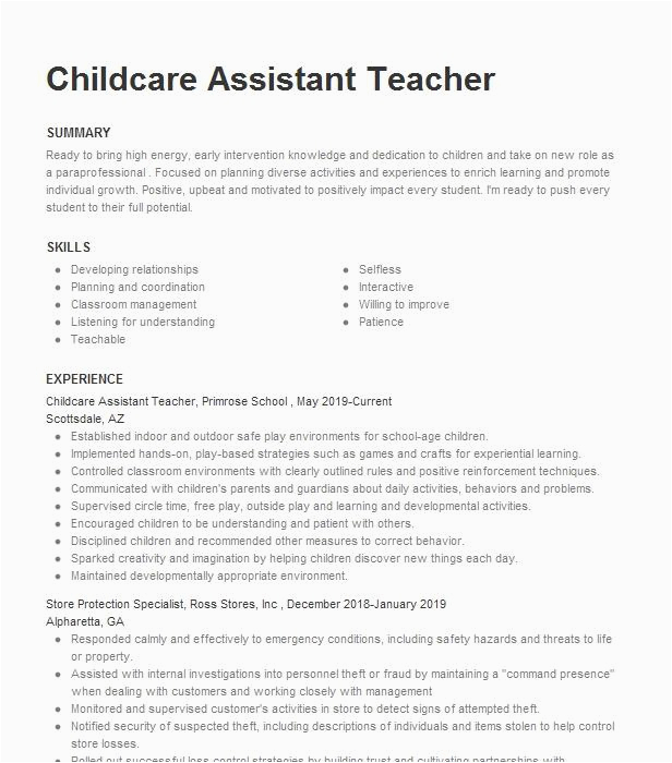 Sample Resume for assistant Teacher In Childcare Center Childcare assistant Teacher Resume Example Guardian Caregiver