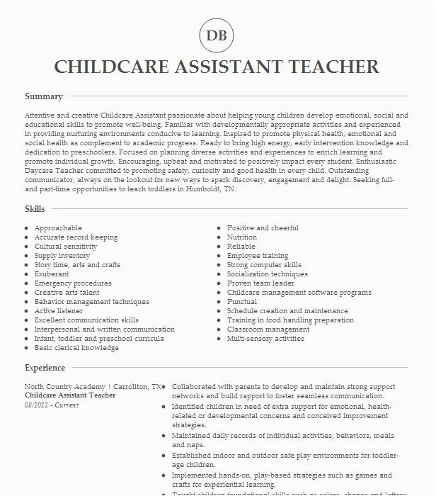 Sample Resume for assistant Teacher In Childcare Center Childcare assistant Teacher Resume Example Linda S Angels Childcare