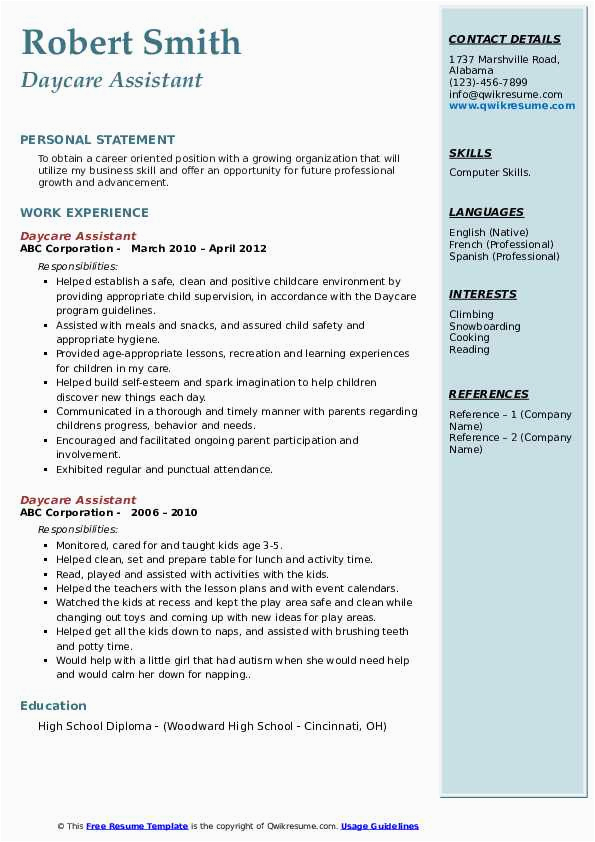Sample Resume for assistant Teacher In Childcare Center Daycare assistant Resume Samples