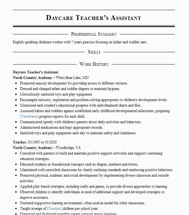 Sample Resume for assistant Teacher In Childcare Center Daycare Teacher S assistant Resume Example the Blue Elephant Learning
