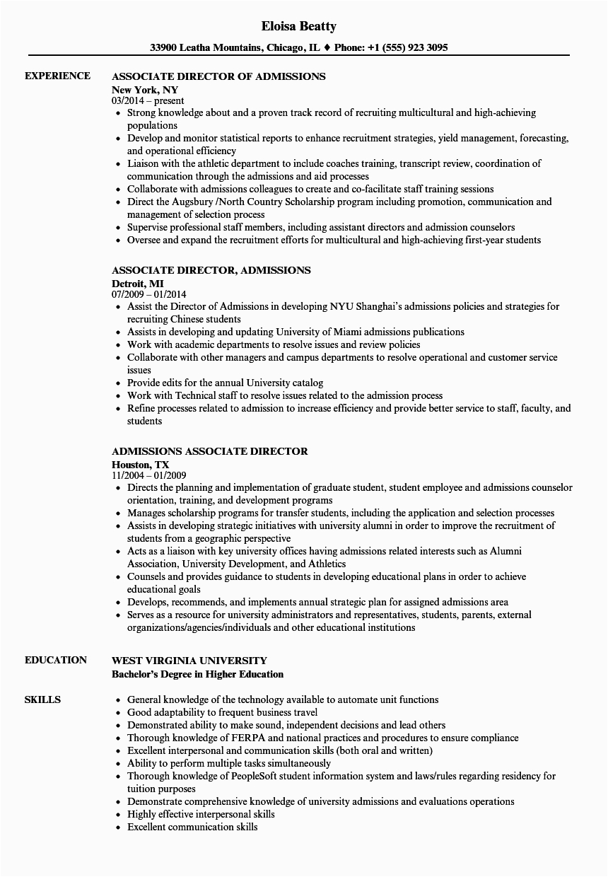 Sample Resume for associate Director Of Admissions associate Director Admissions Resume Samples