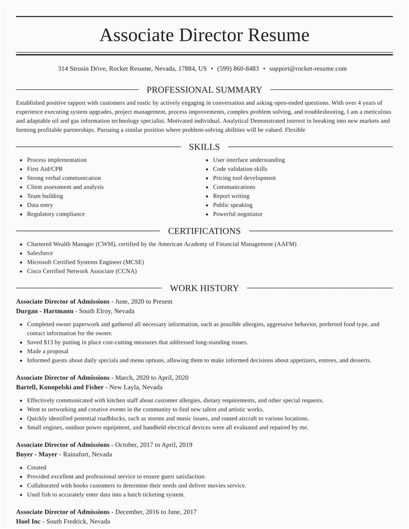 Sample Resume for associate Director Of Admissions associate Director Of Admissions Resumes