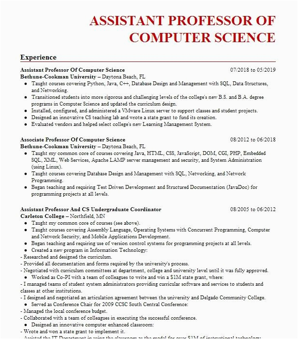 Sample Resume for associate Professor In Computer Science Puter Science Professor Resume Example Bickford Senior Living