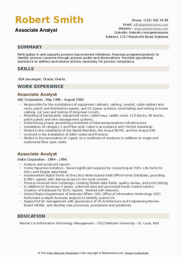 Sample Resume for associates Degree In Information Technology associate Analyst Resume Samples